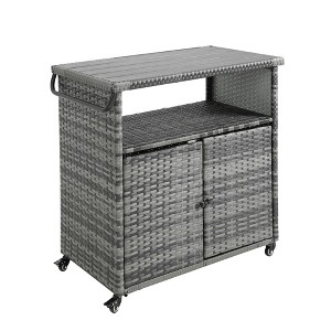 VYNXARIA Outdoor Wicker Bar Cart, Patio Wine Serving Cart, Rolling Rattan Beverage Bar Counter Table Glass Top for Porch Backyard Garden Party, Brown - 1 of 4