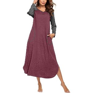 Ekouaer Women's Nightgown V-Neck Loungewear Long Sleeve Sleepwear Full Length Nightgown for Women Wine Red M - 1 of 4