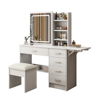 Stylish dressing table with makeup mirror and vanity light, with open shelves and chair, 3-color adjustable lighting