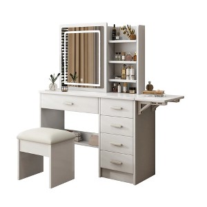 Stylish dressing table with makeup mirror and vanity light, with open shelves and chair, 3-color adjustable lighting - 1 of 4