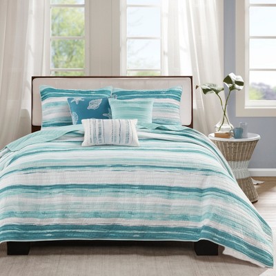 6Pcs coverlet Set Coastal Watercolor Stripe Quilt with Decorative Pillows, Summer Weight Microfiber