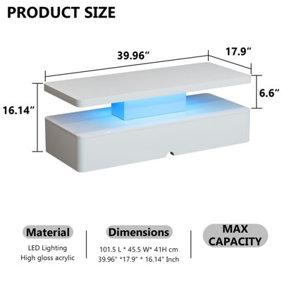 White High Gloss Acrylic Coffee Table with LED Lights and Storage