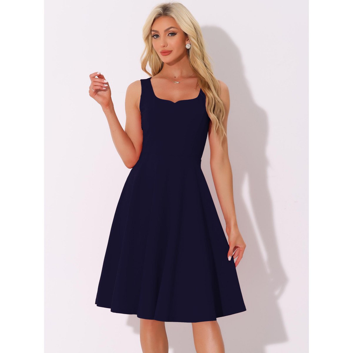 Женские платья INSPIRE CHIC Women's Sweetheart Neck Sleeveless Fit and Flare Swing Dress X-Small Dark Blue — фото 4