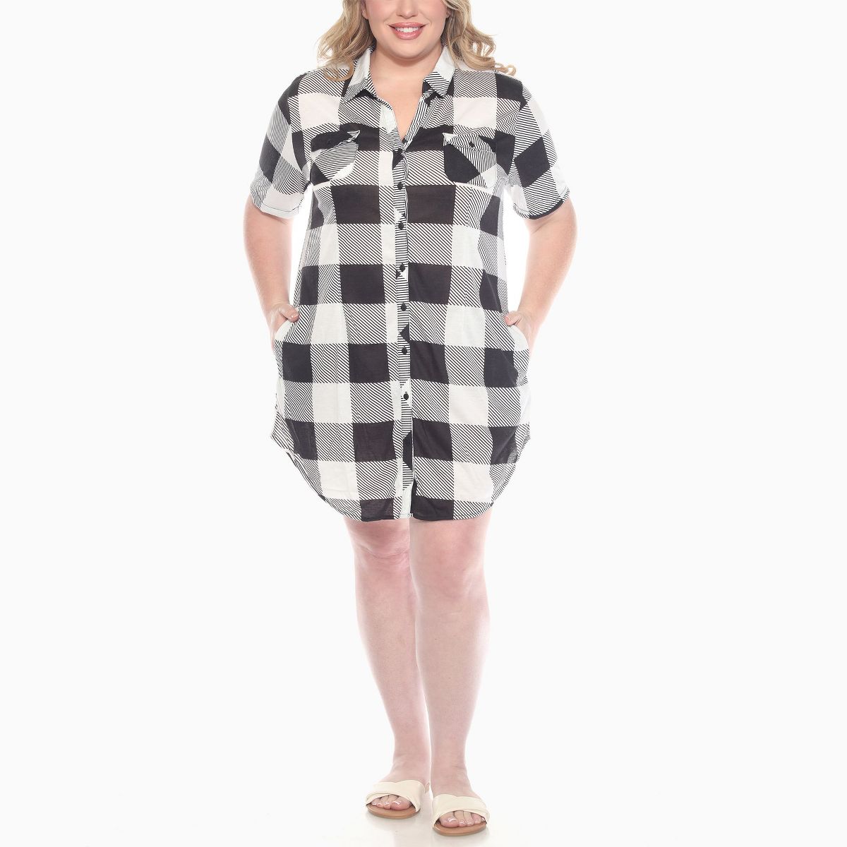 Plus Size Short Sleeve Plaid Button Down Shirt Dress -White Mark
