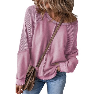 Amaryllis Women’s Long Sleeve Textured Waffle Knit Patchwork Pullover Contrast Washed Casual Fit Raw Hem