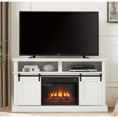 58" Mid Century Modern TV Console with 23" Electric Fireplace Insert, Media Console Table with Sliding Doors and Large Storage Cabinet
