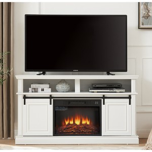 58" Mid Century Modern TV Console with 23" Electric Fireplace Insert, Media Console Table with Sliding Doors and Large Storage Cabinet - 1 of 4