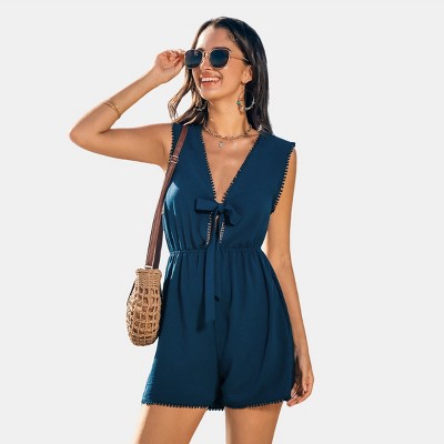 Women's Chic Navy Tassel Tie Romper with Pom Pom Trim - Cupshe
