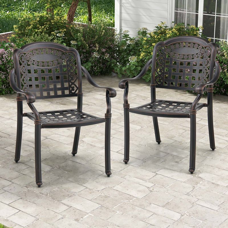 Costway 2pcs Patio Cast Aluminum Armrest Chairs Dining Stackable Outdoor Bronze/White, 2 of 9