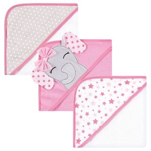 Hudson Baby Infant Girls Cotton Rich Hooded Towels, Pink Dots Pretty Elephant, One Size - 1 of 4