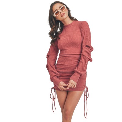 Slickblue Womens Mock Neck Bodycon Mini Dress, Ruched Side Drawstring Detail, Dark Mauve Long Sleeve, Size S-L