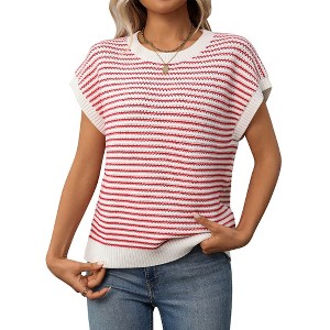 Women's Crewneck Cap Sleeve Ribbled Knit Top Casual Color Block Striped Sweater T-Shirt - 1 of 4