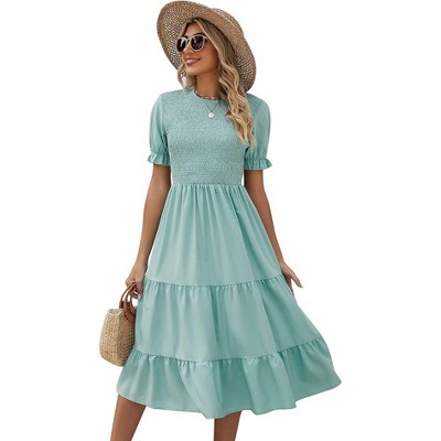 Women's Puff Short Sleeve Smocked Midi Dress Casual Elastic Waist Tiered A Line Maxi Dress