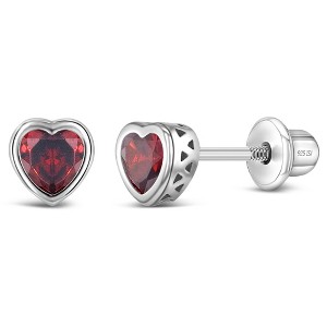 Girl's CZ Birthstone Heart Screw Back Sterling Silver Earrings - In Season Jewelry - 1 of 4