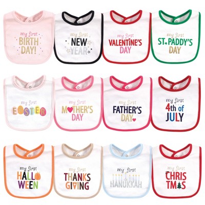 Hudson Baby Infant Girl Cotton Bibs 12pk, Holiday Bold Girl, One Size