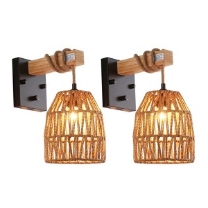 YIYIBYUS 1-Light Black and Wood Farmhouse Style Wall Sconce Wall Light with Woven Shade - 1 of 4