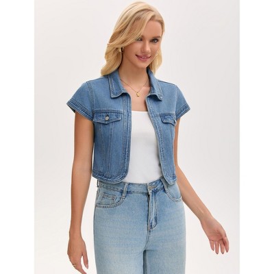 INSPIRE CHIC Women's Denim Turndown Collar Cap Sleeves Open Front Cropped Jean Jacket Medium Blue — фото 2