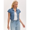 INSPIRE CHIC Women's Denim Turndown Collar Cap Sleeves Open Front Cropped Jean Jacket - 2 of 4