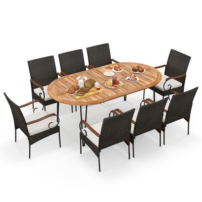 Tangkula 9 PCS Acacia Wood Table & 8 Patio Wicker Armchairs Patio Rattan Dining Set