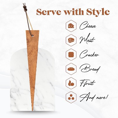 White Marble and Wood Paddle Cutting Board with Leather Strap
