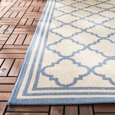 Cream and Blue Synthetic Square Easy Care Rug