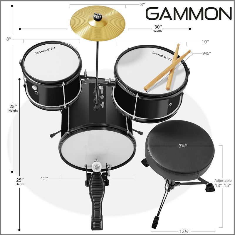 Gammon 3-Piece Junior Drum Set, Beginner Drum Kit with Throne, Cymbal, and Drumsticks, 3 of 8