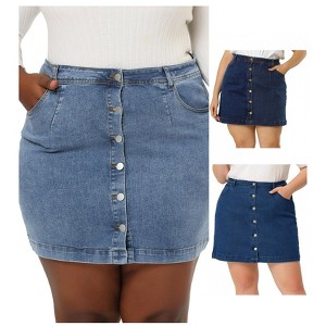 Agnes Orinda Women's Plus Size Button Side Pocket Casual A-Line Mini Denim Skirt - 1 of 4