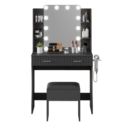 Makeup Vanity Desk with Mirror and 12 LED Lights, White Vanity Table with Power Outlet