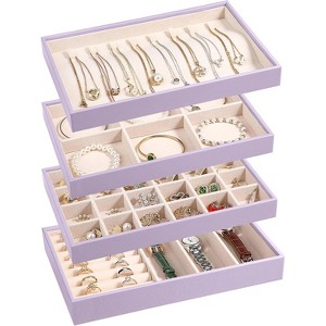 4-Piece Stackable Jewelry Organizer Trays made of PU leather with removable dividers for earrings, necklaces, rings, and bracelets - 1 of 4
