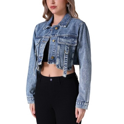 INSPIRE CHIC Women's Crop Turndown Collar Button Down Cargo Pockets Denim Jacket