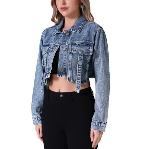 INSPIRE CHIC Women's Crop Turndown Collar Button Down Cargo Pockets Denim Jacket - 1 of 4