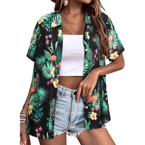 Nlife Womens Button Down Hawaiian Shirts Short Sleeve Floral Print Summer V Neck T-Shirt Casual Summer Beach Blouses Tops - 1 of 4