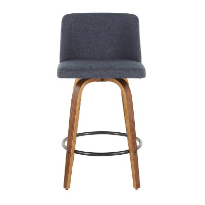 Walnut and Blue Mid-Century Modern Swivel Counter Stools, Set of 2