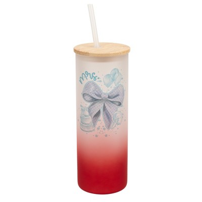 Elanze Designs 25 Ounce Frosted Glass Gradient Travel Tumbler With Straw and Wooden Lid, Mrs. Bow Red