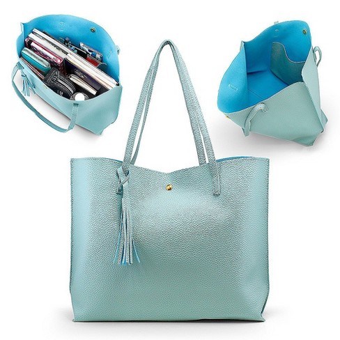 Gearonic Women Large Tote Bag Tassels Faux Leather Shoulder Handbags- Light  Blue