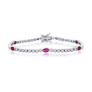 Bella Silver Sterling Silver, Beaded Outline Round & Oval CZ Bracelet - Ruby - Red - 7.25 Inch - 1 of 2