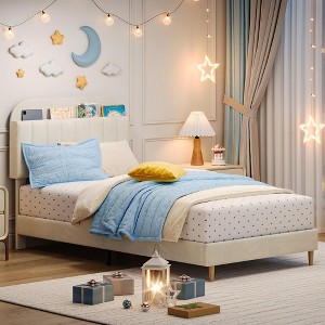 Kids Bed Frame with Bookcase Headboard - Upholstered Platform, Wooden Slats, No Box Spring Needed for Boys/Girls/Teens - 1 of 4