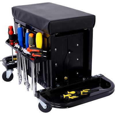 3-Drawer Rolling Tool Chest, Heavy Duty 350 lb Capacity Steel Garage Tool Cart with Side Trays & Padded Seat, Mobile Mechanic Tool Box for Workshop