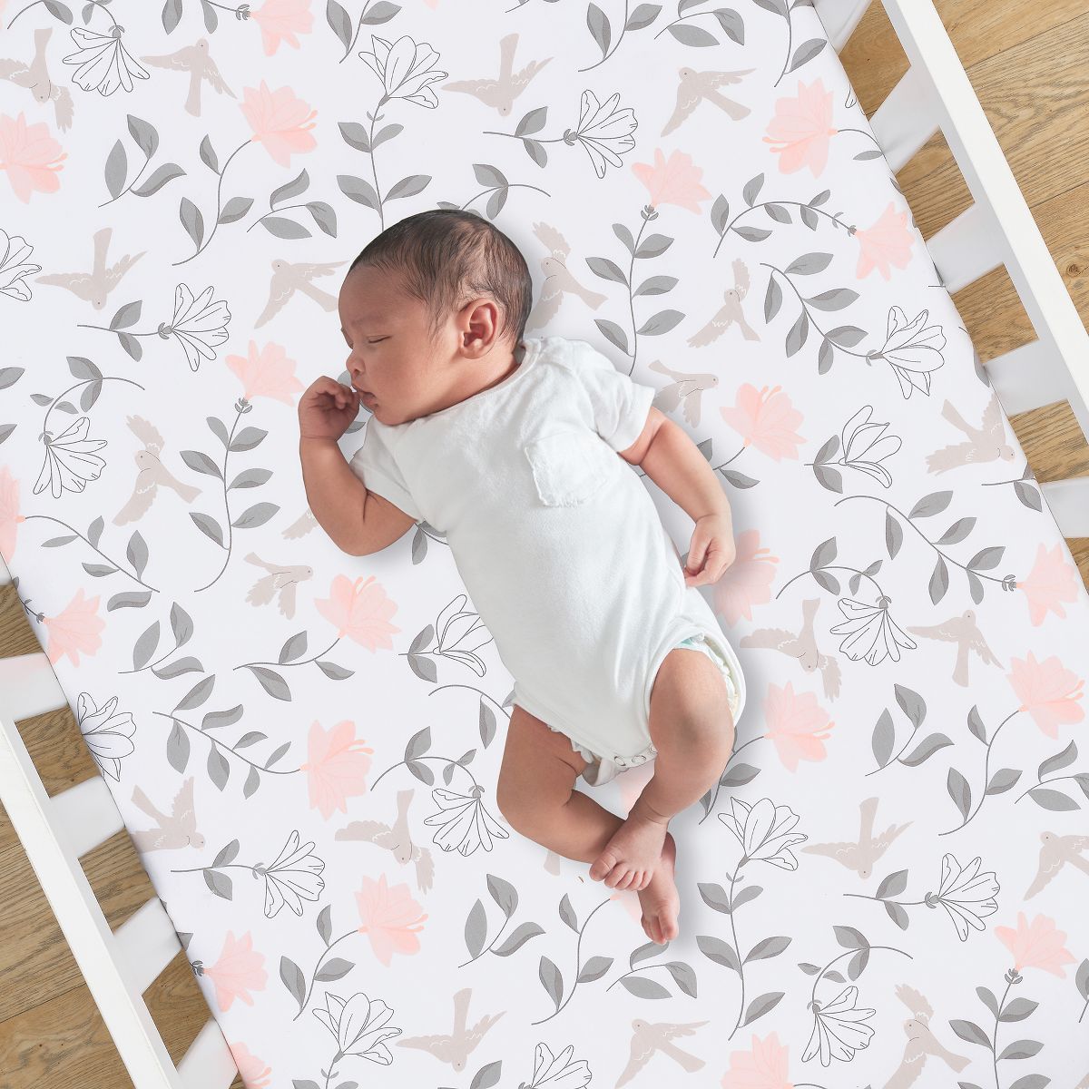Lambs & Ivy Petals White/Pink/Gray Floral 100% Cotton Fitted Crib/Toddler Sheet - thumbnail 2