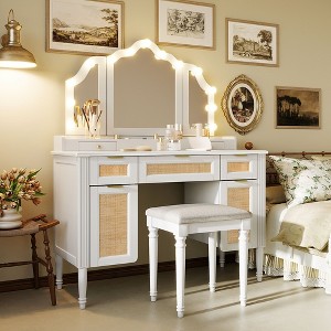 Whisen 44.37” Makeup Vanity Desk, Large Dressing Vanity Table with Tri-Fold Mirror, 5 Drawers, Shelves and 2 Cabinets - 1 of 4