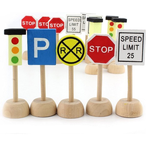 Attatoy Kids Wooden Street Signs Playset (14pc Set); Wood Traffic