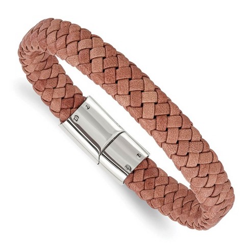 Black Bow Jewelry 11.5mm Stainless Steel & Light Brown Leather Braided Bracelet, 8.25 In - image 1 of 4