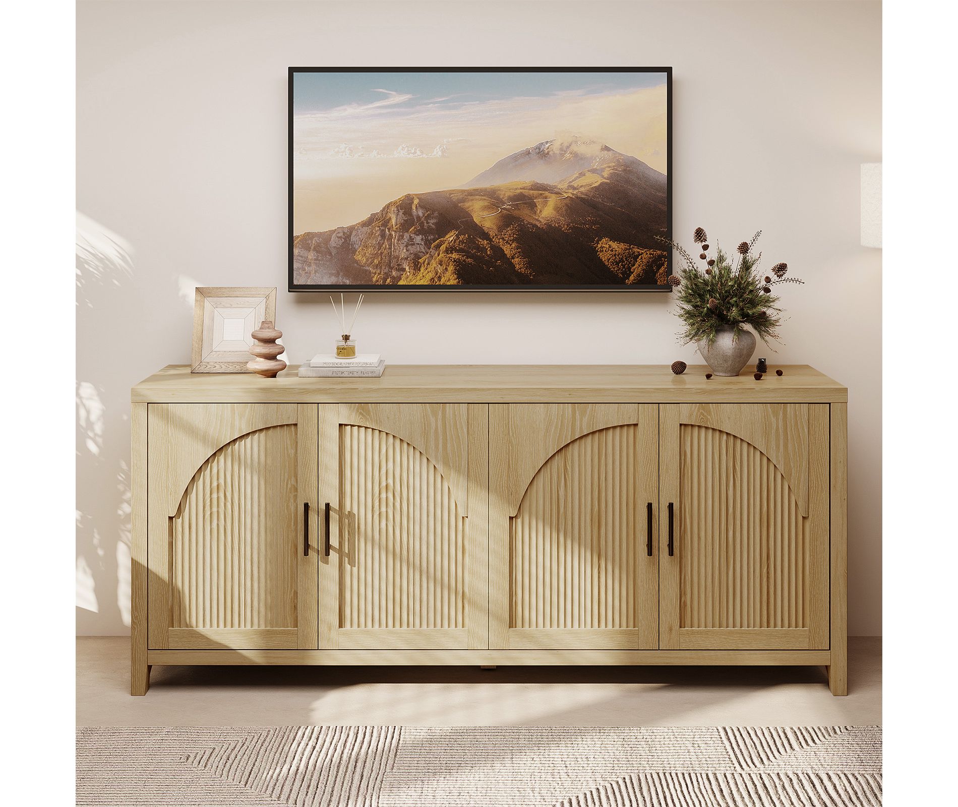 Bestier 70" Fluted TV Stand for TVs up to 75", Mid-Century Media Center TV Console with Storage for Living Room & Bedroom, Natual Oak