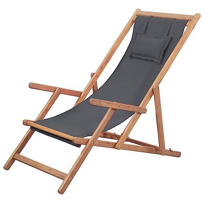 vidaXL Beach Sling Patio Chair, Outdoor Folding Deck Chair with Solid Wooden Frame