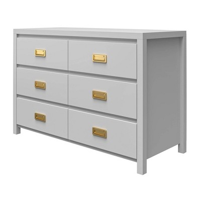 Dove Gray 6-Drawer Campaign Style Dresser with Gold Pulls