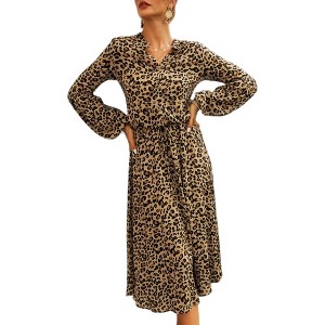 Anna-Kaci Women's Leopard Long Lantern Sleeves Drawstring Tie Waist Fashion Midi Dress - 1 of 4