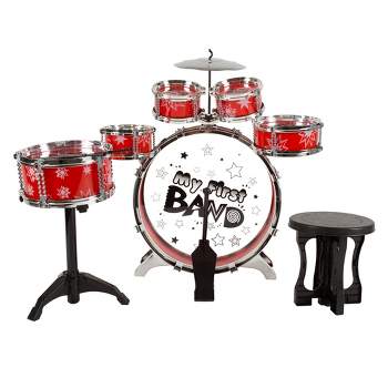Toy Time Kids' Drum Set - 7 Piece Set with Bass Drum with Foot Pedal, Tom Drums, Cymbal, Stool and Drumsticks - Red