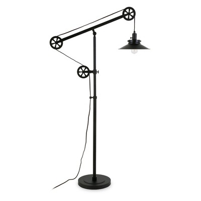 Hudson and Canal Wide Brim/Pulley System Floor Lamp with Metal Shade Blackened Bronze: Adjustable Height, Mid-Century Modern Design, UL Listed