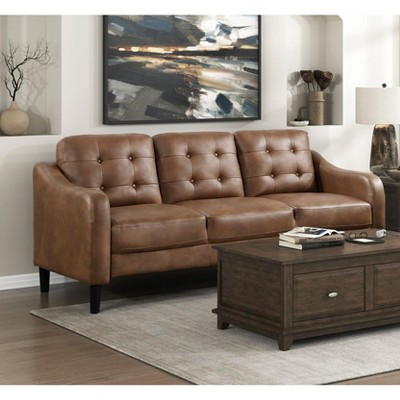 Okak Modern Casual Sofa 1pc with Thick Button Tufted Cushion , Solid Wood Legs Polished Microfiber Couch 3 Seat for Apartments, living Room, Brown