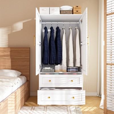 White Shaker Style Two-Door Armoire with Gold Handles